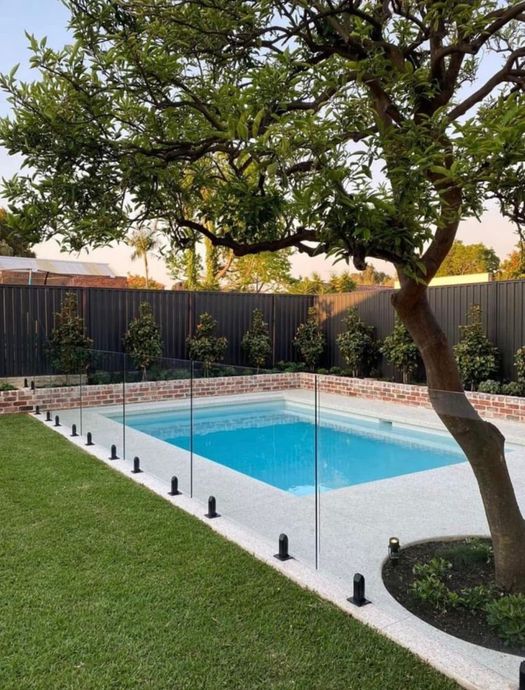 Piscine arrière avec clôture en verre, bordure en briques, entourée de pelouse et d'arbres.
