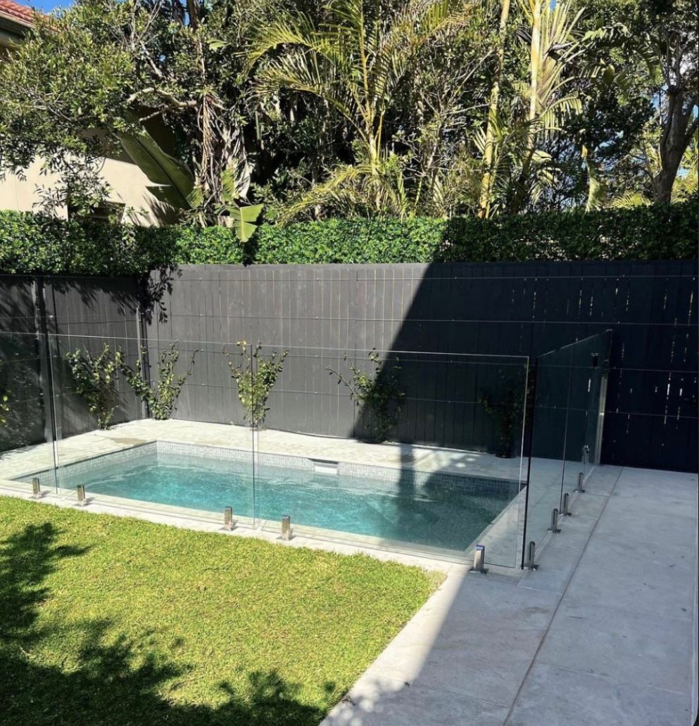 Petite piscine dans le jardin avec clôture en verre, terrasse en béton et pelouse. Mur sombre en arrière-plan.
