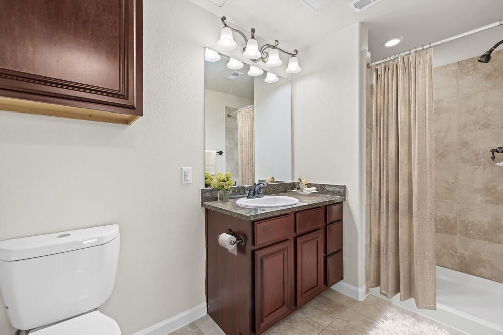 Apartment bathroom with a toilet, sink, and shower at Marquis Rockwall in Rockwall, TX.