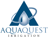 AquaQuest Irrigation logo with blue water droplet and triangular design