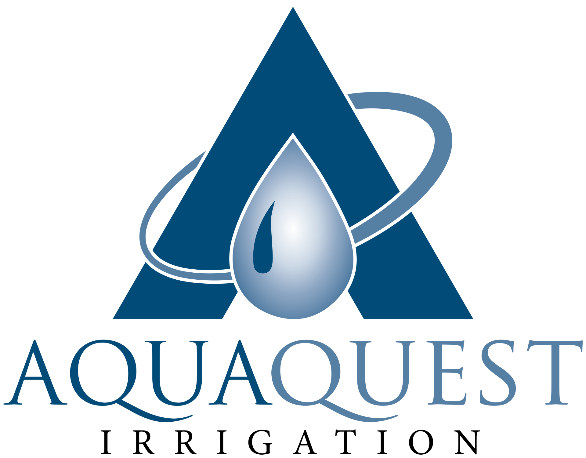 AquaQuest Irrigation logo with blue triangle, water droplet, and orbit ring