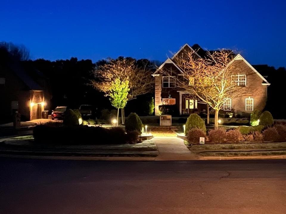 Lit suburban house at night with illuminated trees and landscaped front yard.