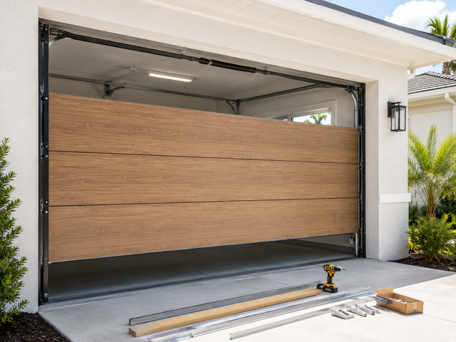 Wood-look garage door being installed in a white house driveway