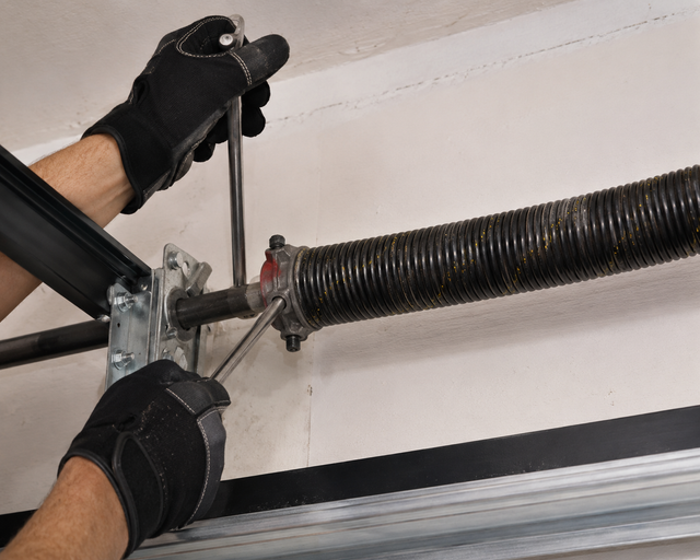 Gloved hands using a wrench to adjust a garage door opener track and spring assembly