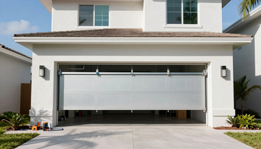 White garage with two black-framed glass doors and a dark shingled roof beneath trees