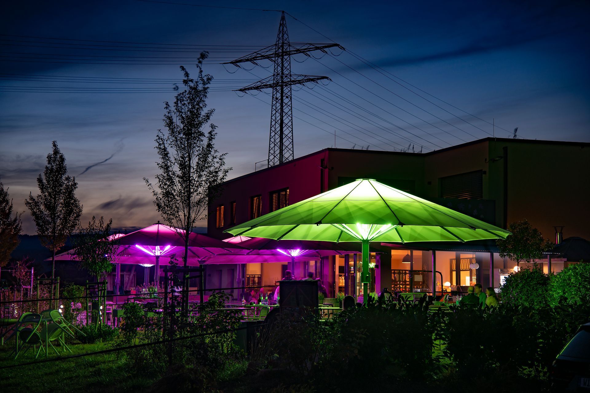 Nighttime patio restaurant lit by purple and green lights, with trees and a power line in the background