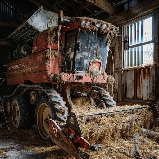 Abandoned red combine harvester inside a dusty barn, with straw tangled around the front.