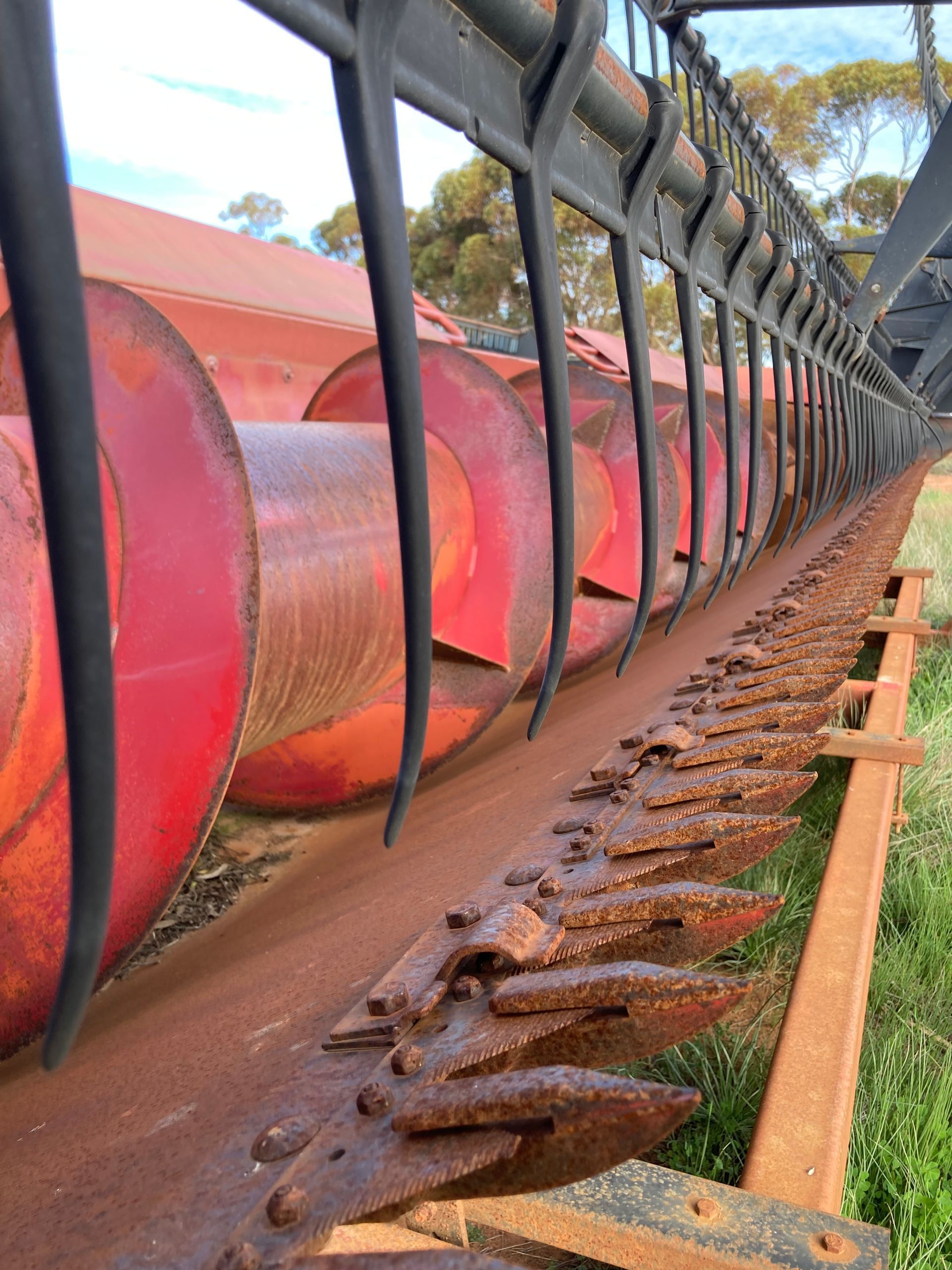 Close-up of a red metal conveyor with black mesh, carrying muddy material along an industrial track