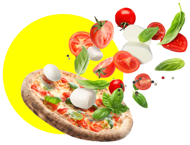 A pizza with tomatoes , mozzarella , basil and peppers falling on it.