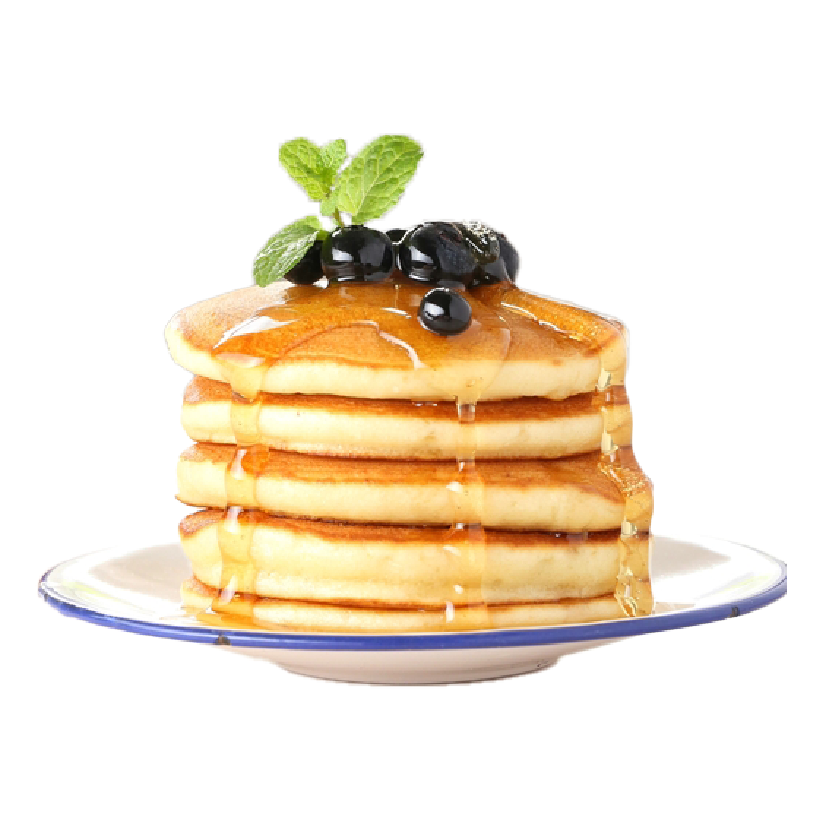 A stack of pancakes with wholesale maple syrup and blueberries.