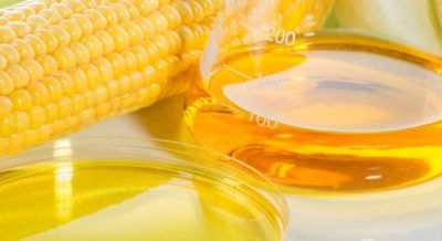 A close up of a corn on the cob next to a beaker of bulk corn syrup.