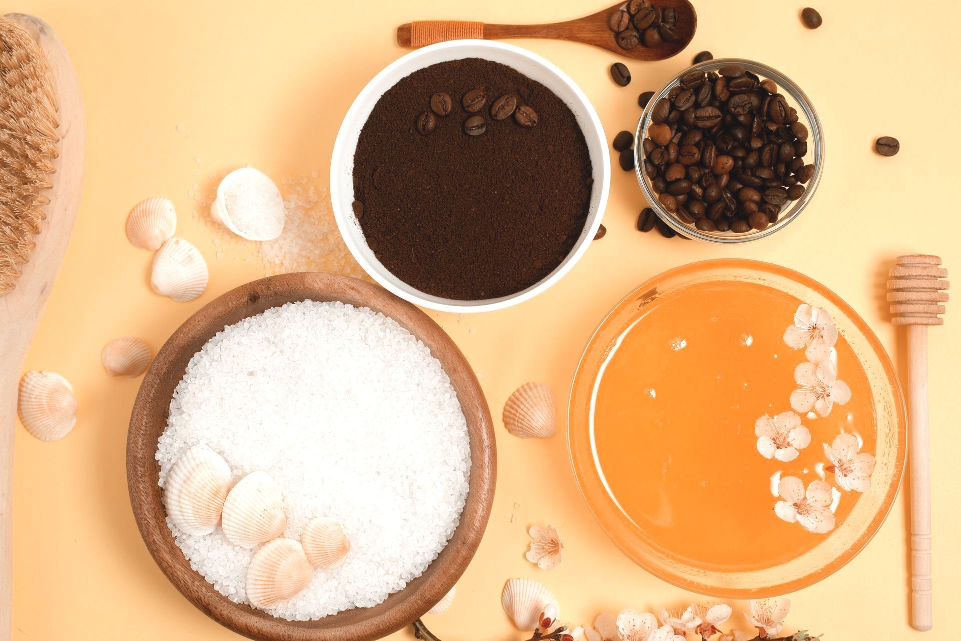 A bowl of sugar with seashells in it, coffee grounds, and honey with flowers in it - Sugar for Fermentation Products & Non-Food
