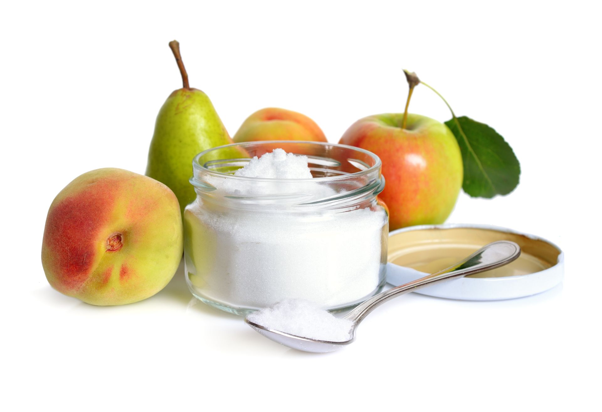 Fruit fructose in front of pears, apples, and peaches