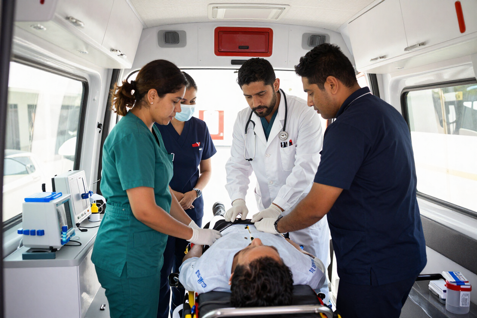 Los paramédicos y un médico atienden a un paciente en una camilla dentro de una ambulancia.