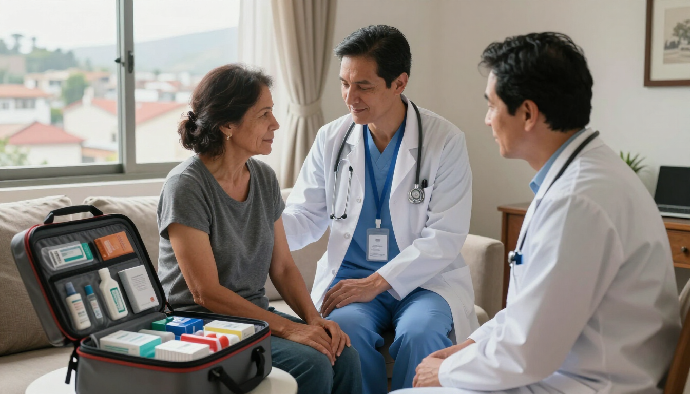 Un médico consulta a un paciente en una clínica, con otro médico y equipo médico cerca.