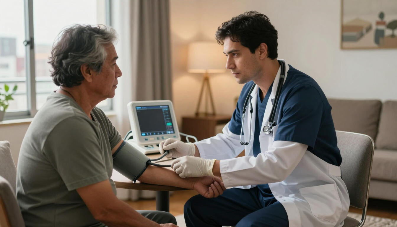 Un médico toma la presión arterial de un paciente en la sala de estar