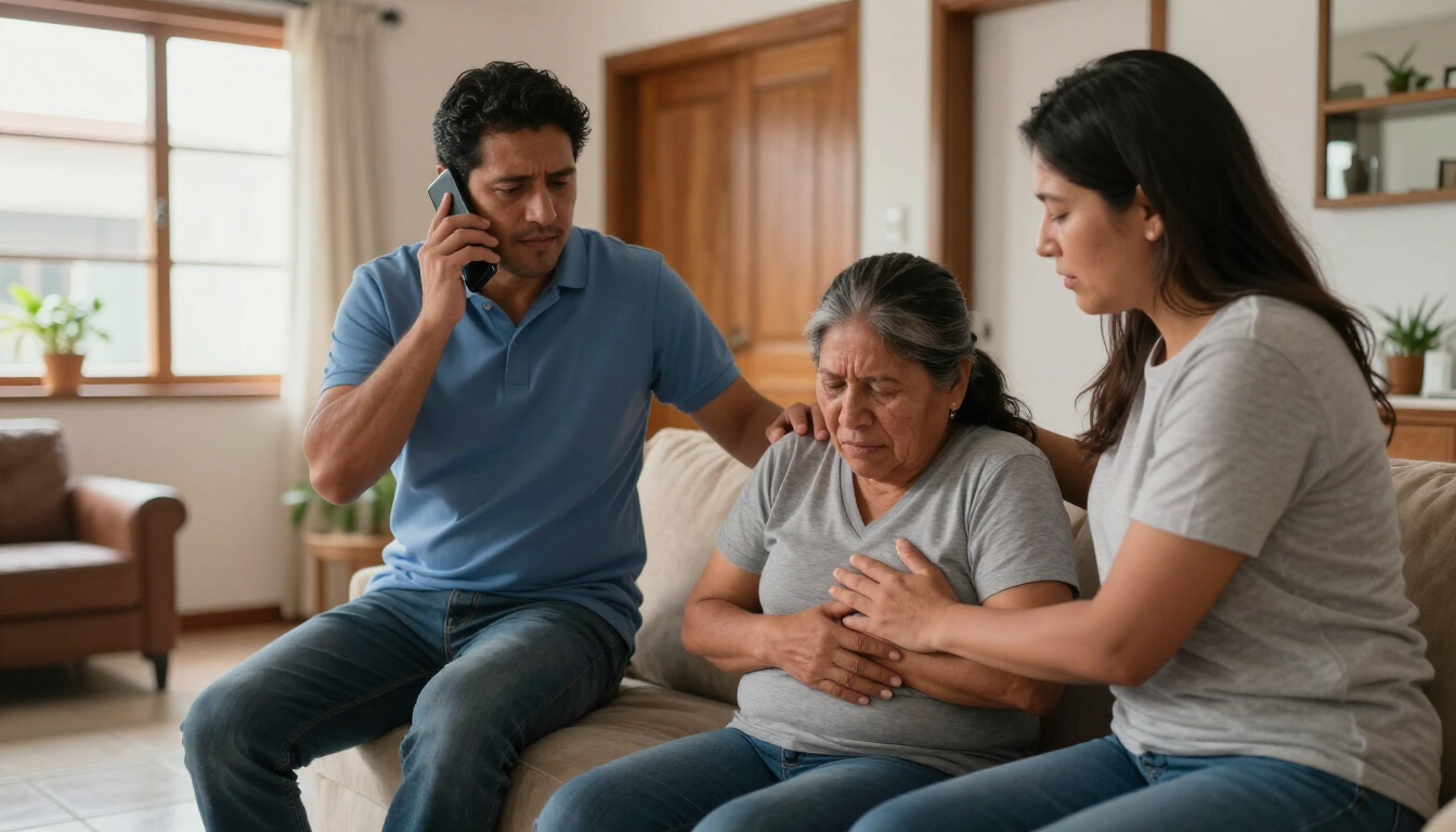 Tres personas están juntas en una sala de estar; una habla por teléfono mientras consuela a una persona angustiada.