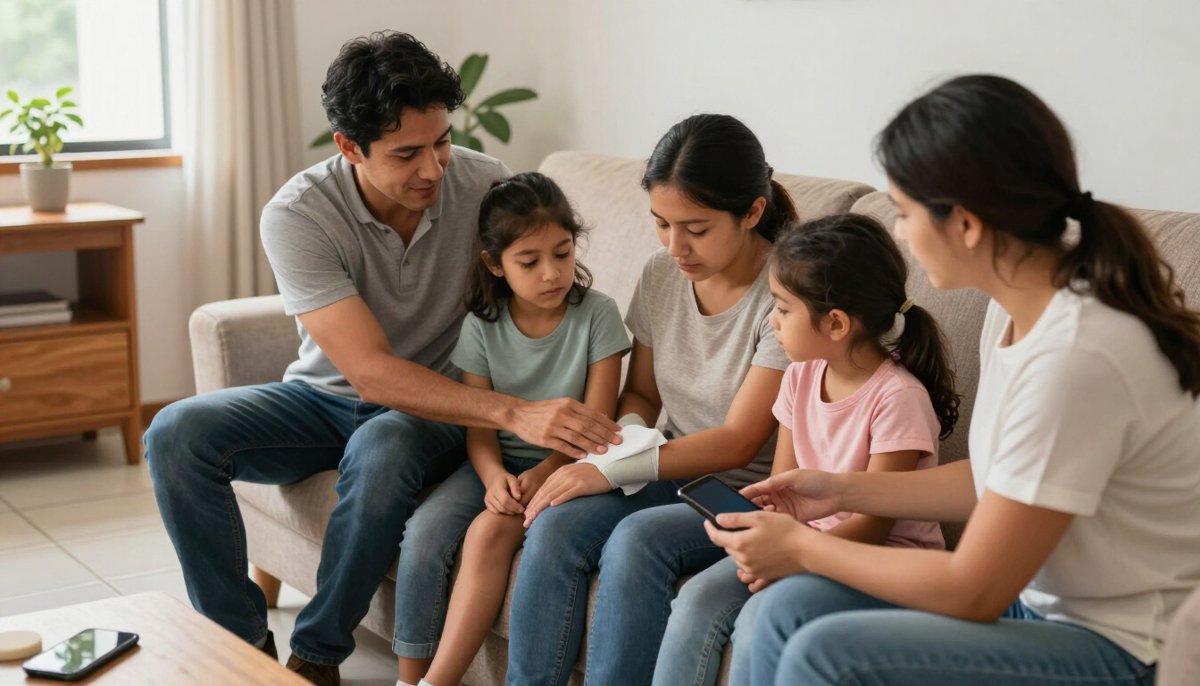 Una familia sentada en un sofá, leyendo junta en una sala de estar luminosa