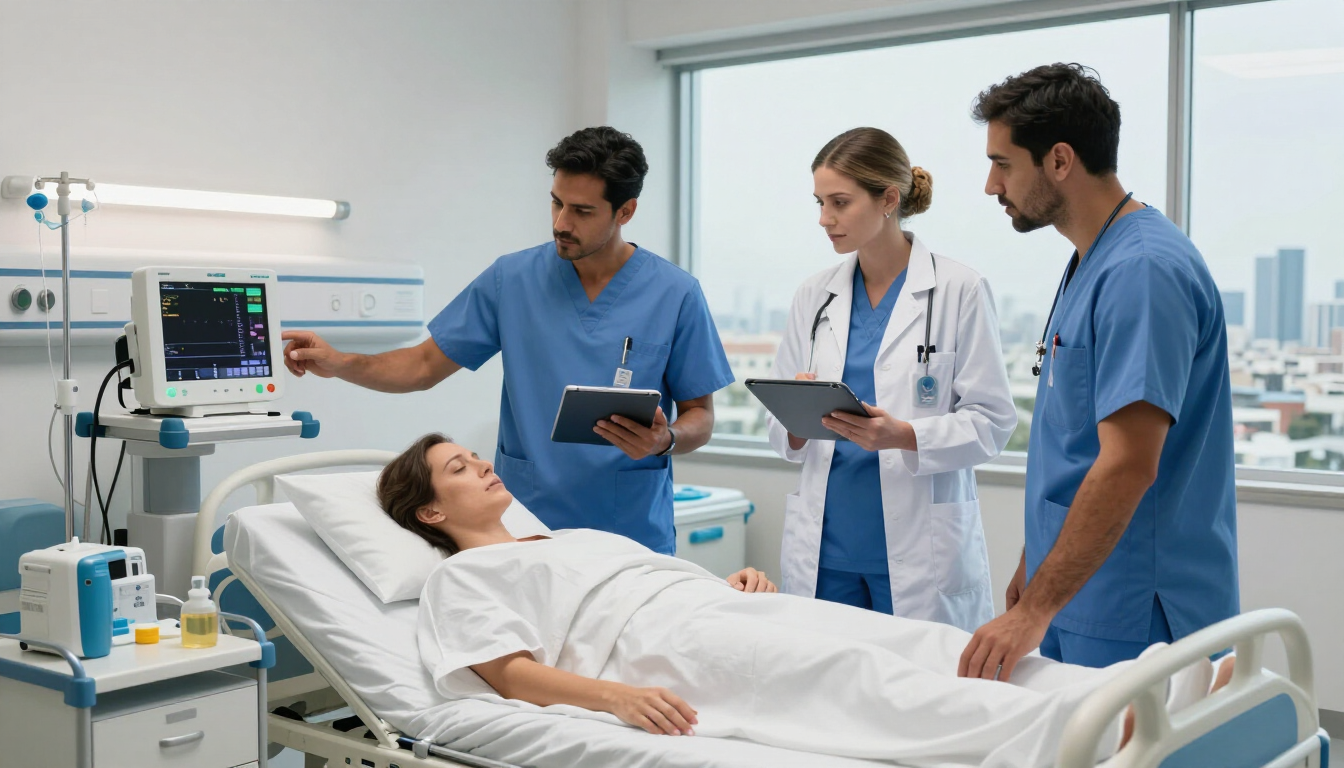Personal médico revisando el monitor junto a la cama de un paciente en una habitación de hospital