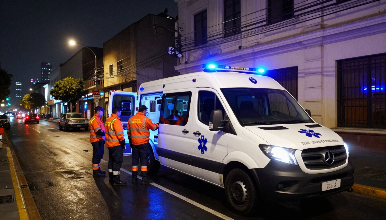 Equipos de emergencia junto a una ambulancia blanca con luces azules en una calle urbana lluviosa de noche