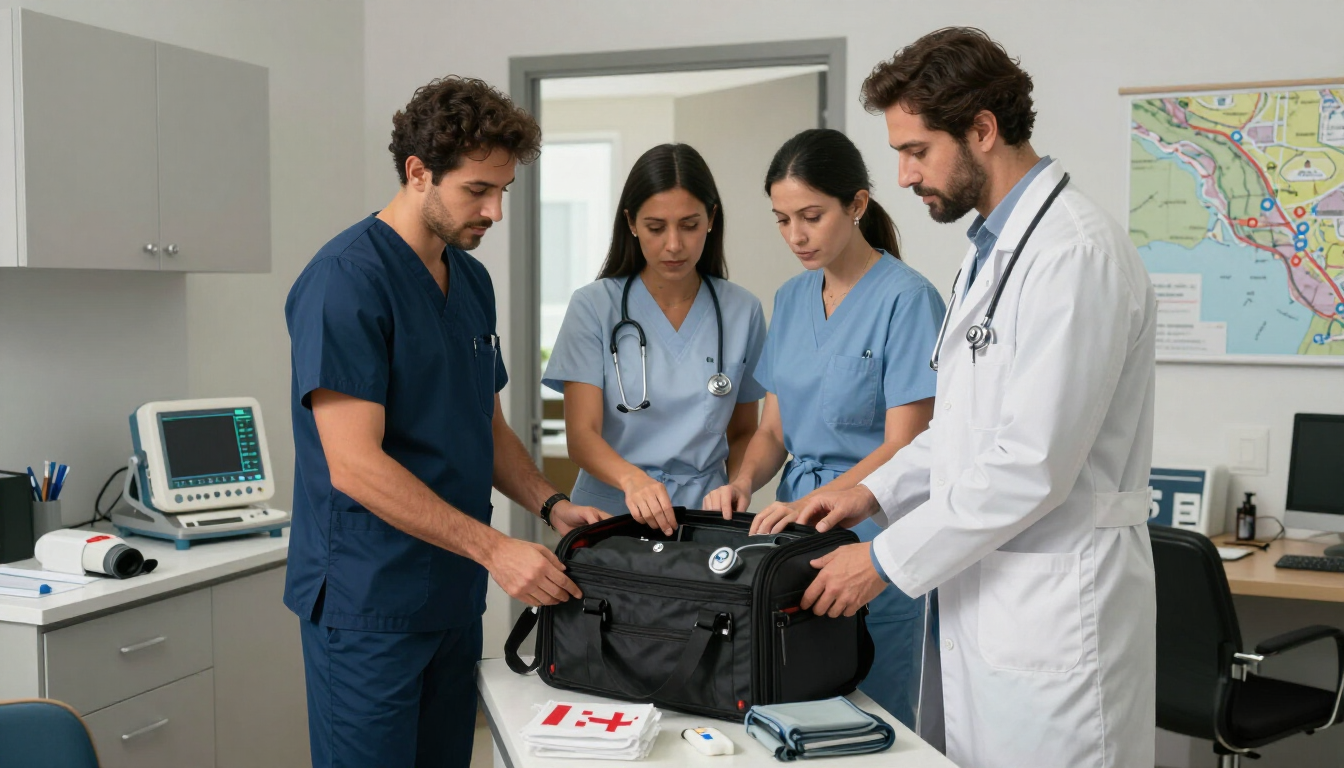 Personal sanitario inspeccionando un maletín médico negro en una consulta con equipos y un mapa en la pared