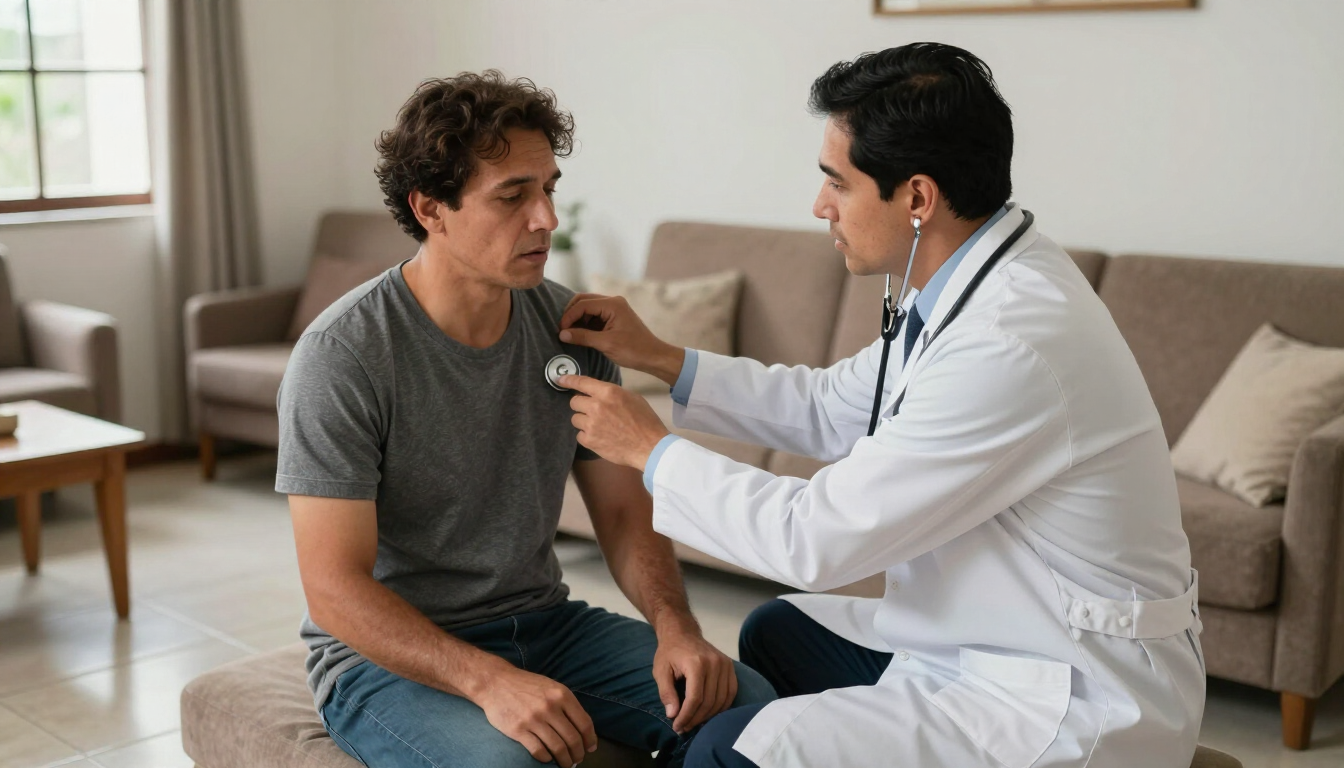 Un médico ausculta el pecho de un hombre con un estetoscopio en una sala de estar