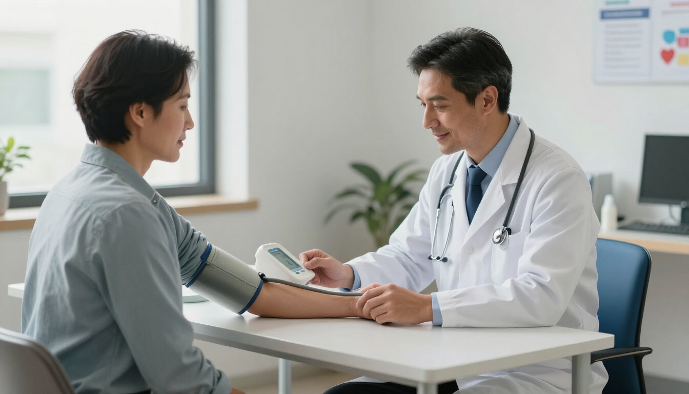 Un médico toma la tensión arterial de un paciente durante una consulta médica