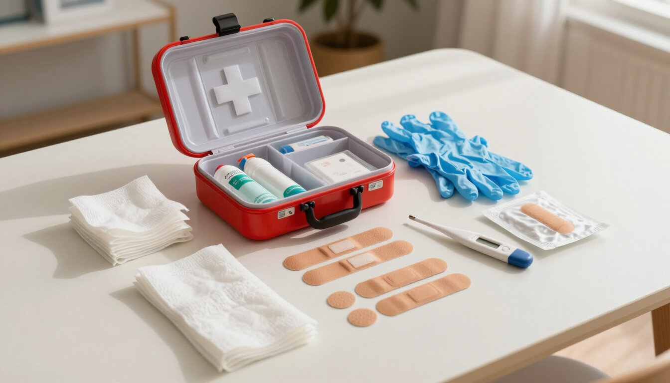 Botiquín de primeros auxilios abierto sobre una mesa, con vendas, gasas, guantes y material médico dispuesto alrededor