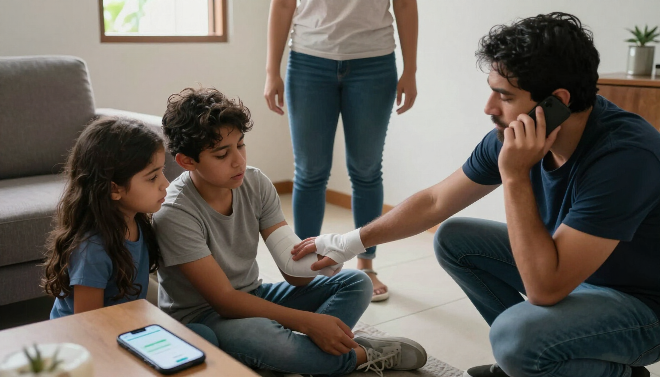 Una familia sentada en el suelo, hablando con un hombre por teléfono; hay un smartphone cerca.