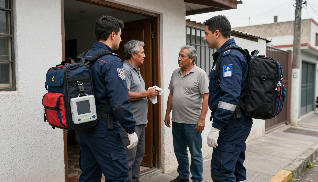 Dos equipos de emergencia hablan con dos residentes frente a una casa en una calle residencial.