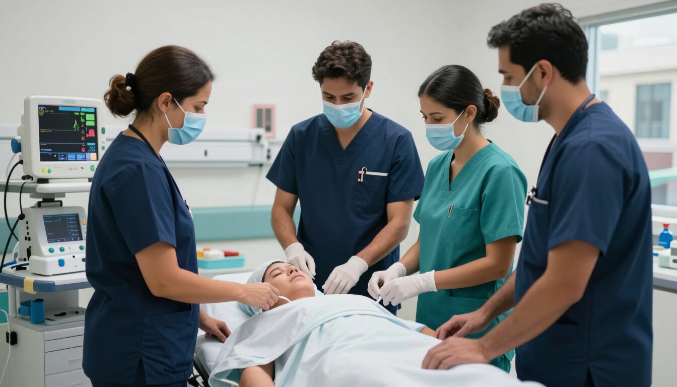 Equipo médico con uniformes azules y mascarillas atendiendo a un paciente en una habitación del hospital