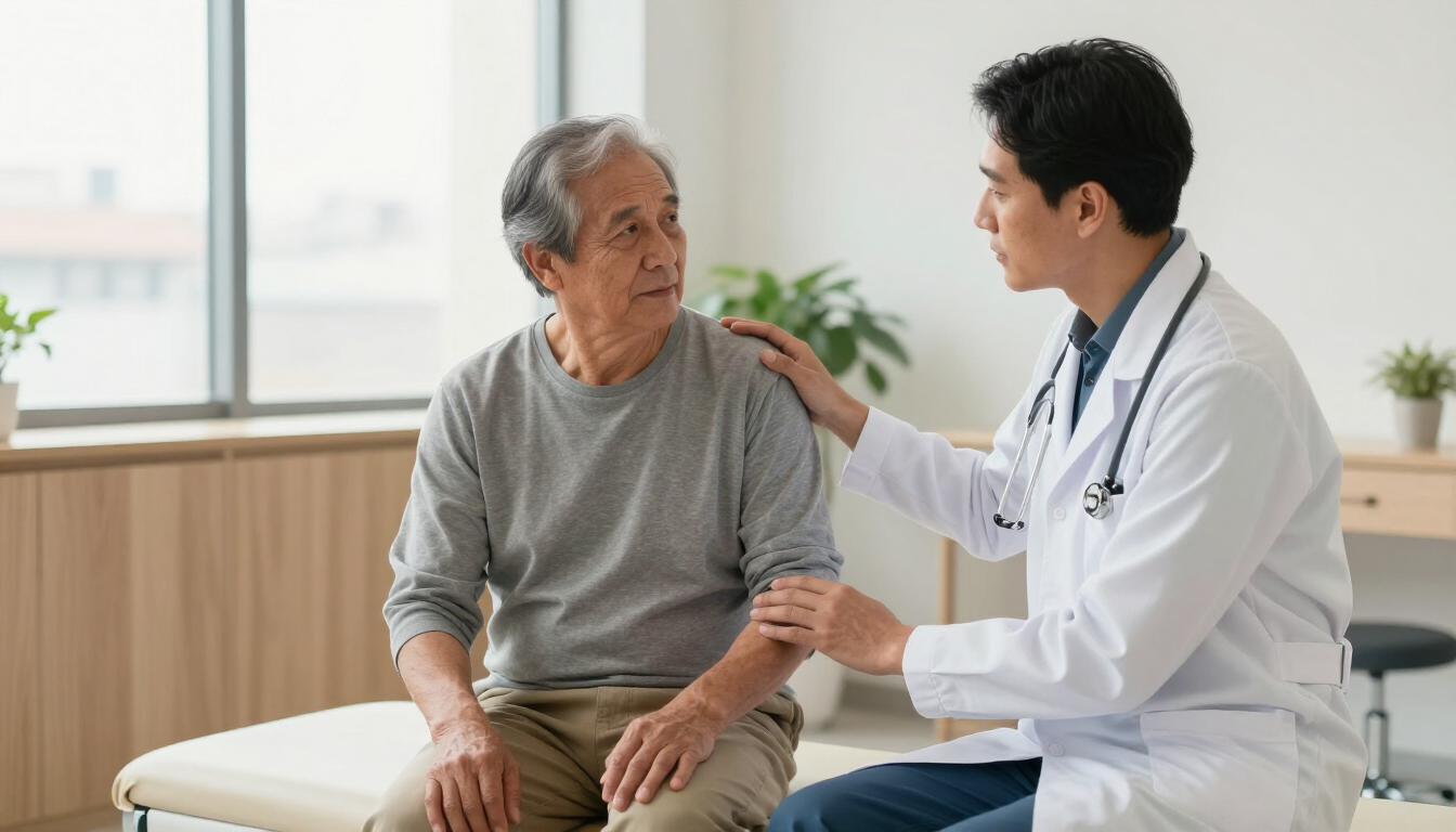 Médico consolando a un paciente sentado en una sala de exploración luminosa de una clínica