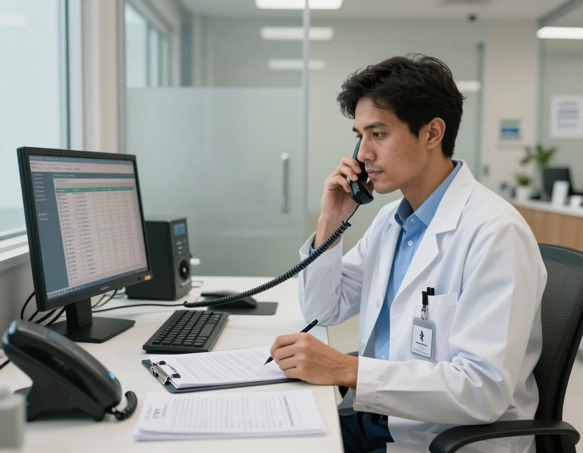 Médico con bata blanca hablando por teléfono en un escritorio con un ordenador y documentos en un consultorio médico