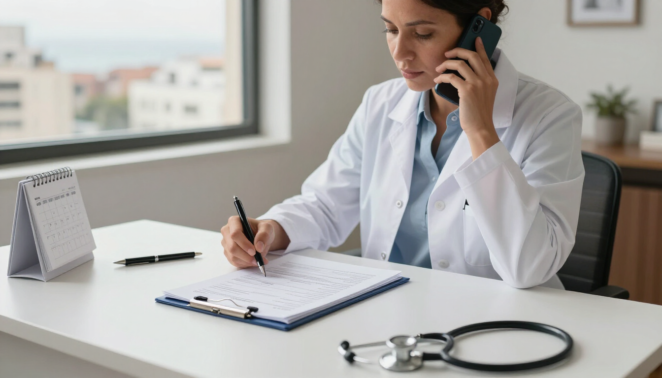 Un médico escribe notas al teléfono en un escritorio de una oficina luminosa, con un estetoscopio cerca.