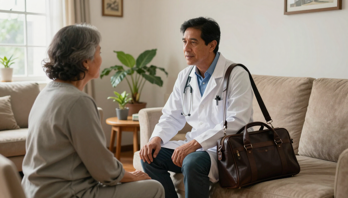 Un médico conversa con un paciente sentado en una sala de estar luminosa, con un bolso cerca, sobre el sofá.