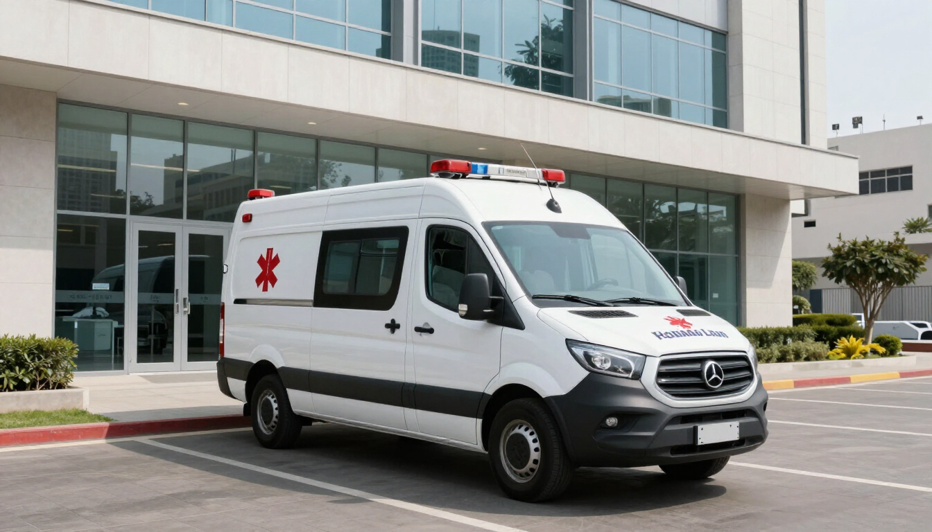 Ambulancia blanca estacionada frente a la entrada de un hospital moderno
