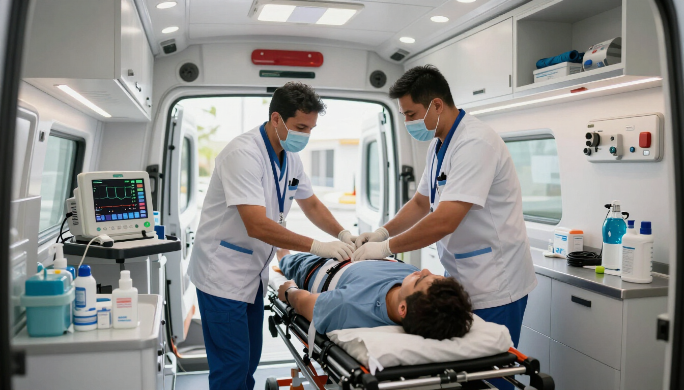 Paramédicos atendiendo a un paciente en una camilla dentro de una ambulancia.