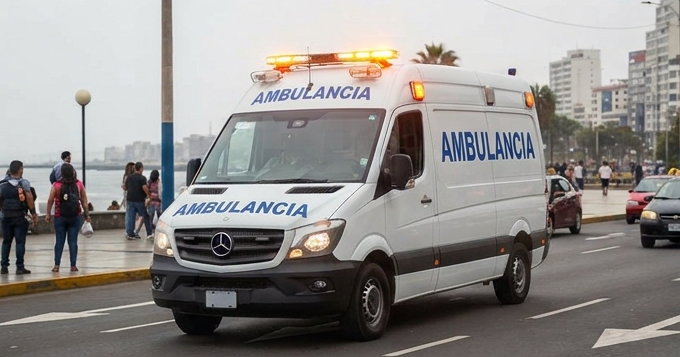 Furgoneta ambulancia blanca con una franja roja estacionada en una calle de la ciudad