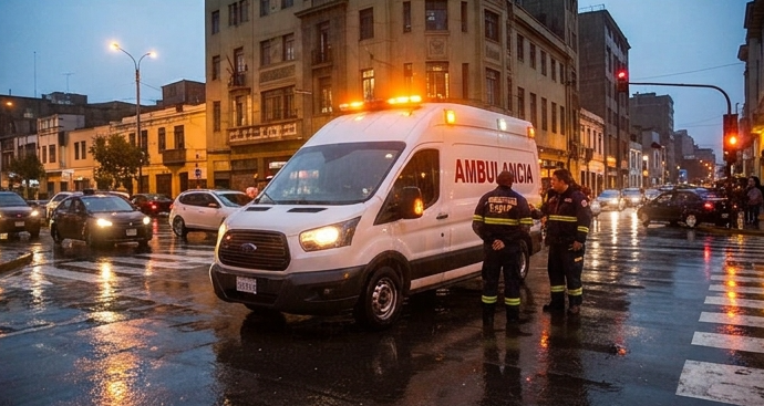 Furgoneta ambulancia roja y blanca con luces azules en el techo, aparcada en un aparcamiento de hormigón