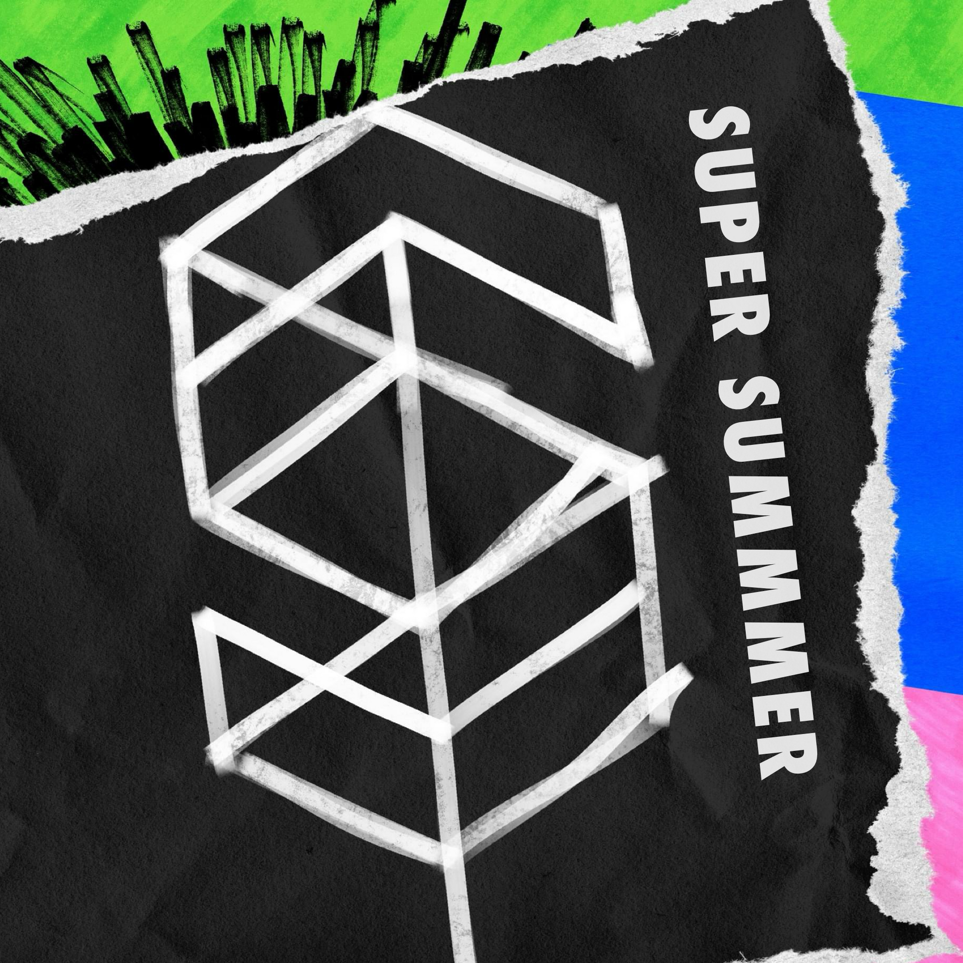 Super Summer poster with geometric white design on black. Torn edges with colorful abstract background.