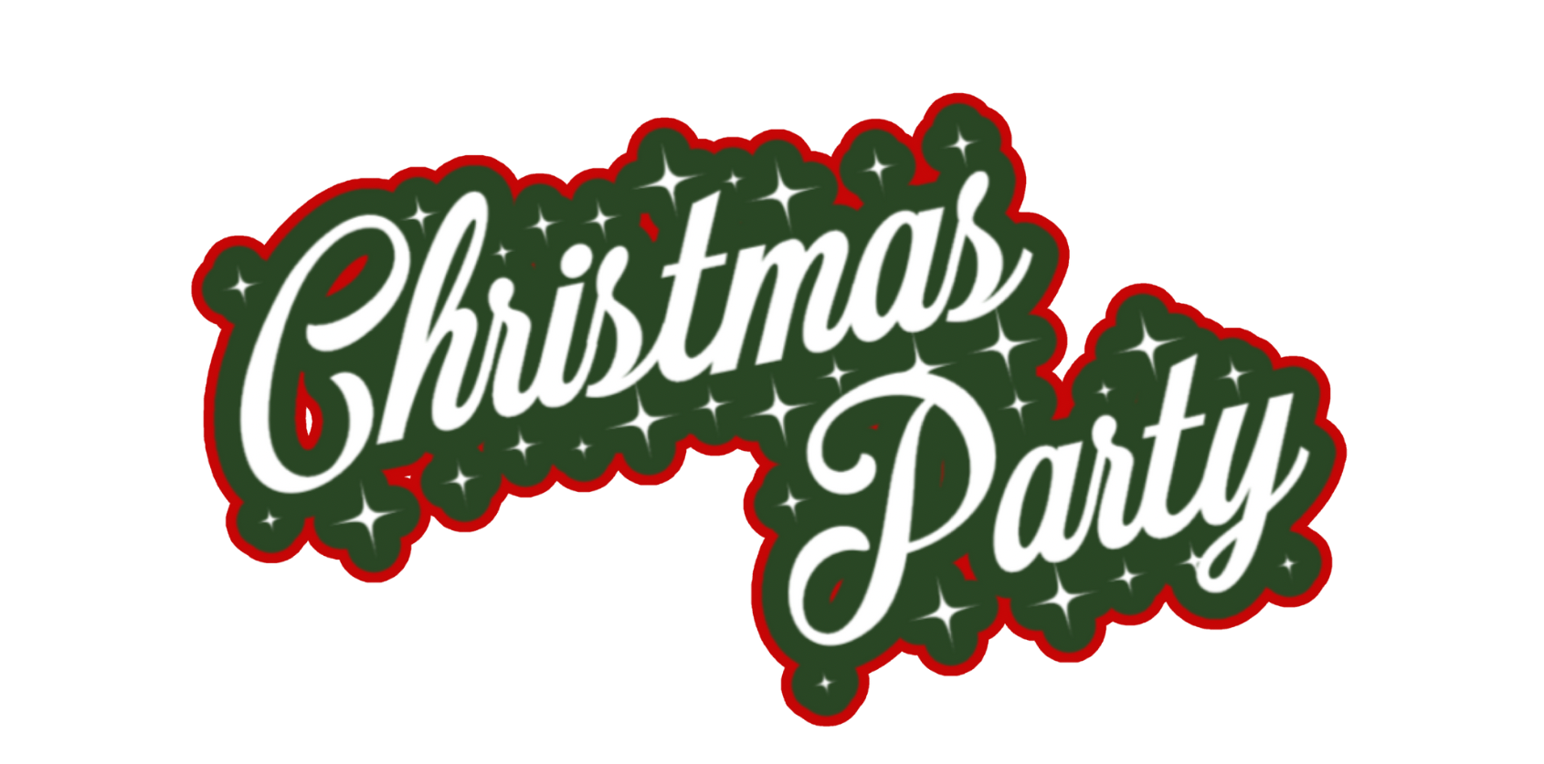 Christmas Party text in white on green background with star accents, outlined in dark red.