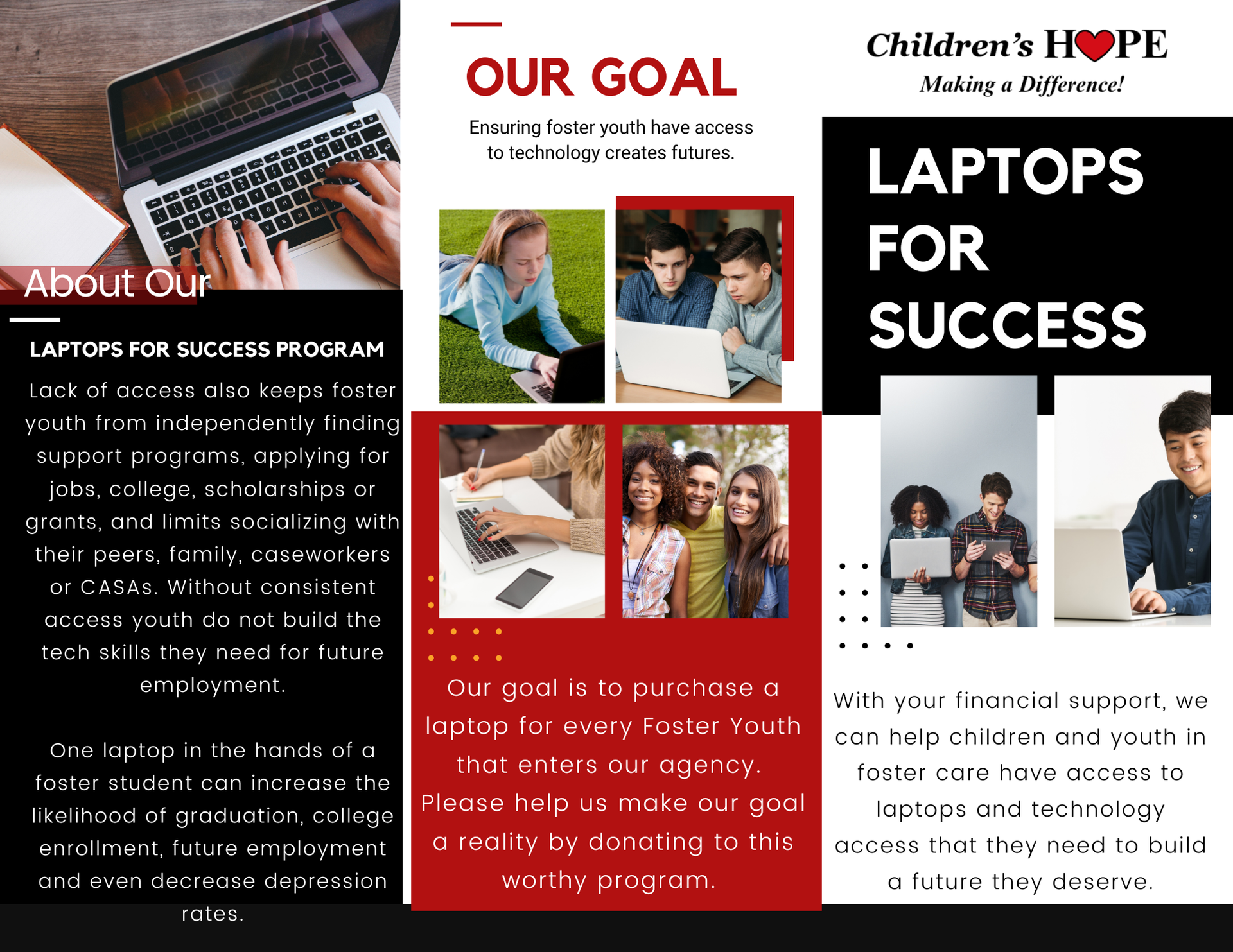 Leaps & Bounds Program brochure with photos of kids playing and contact information 