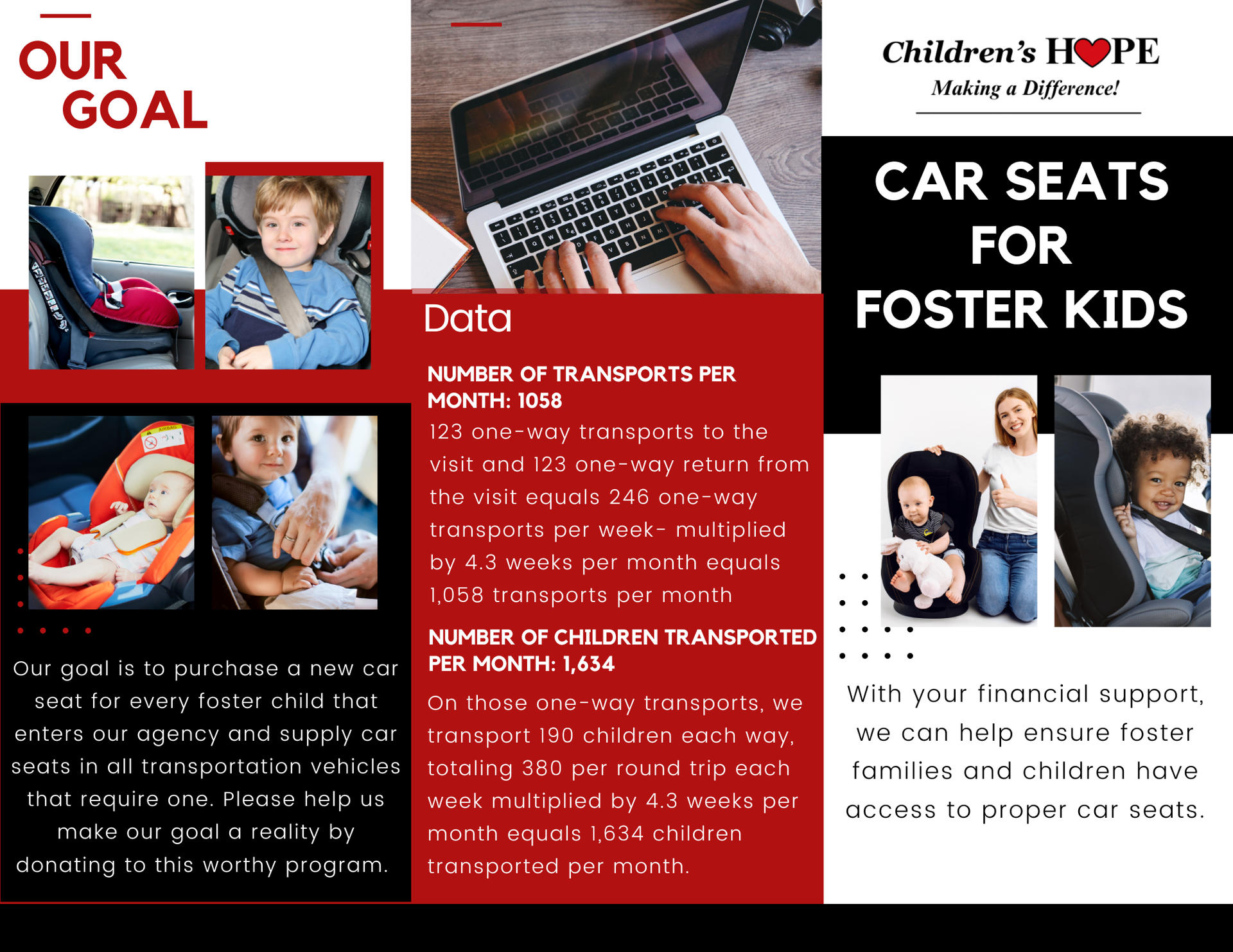 Leaps & Bounds Program brochure with photos of kids playing and contact information 