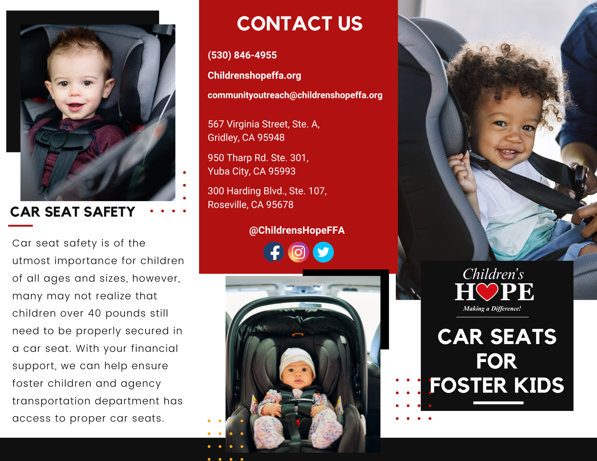 Leaps & Bounds Program brochure with photos of kids playing and contact information 