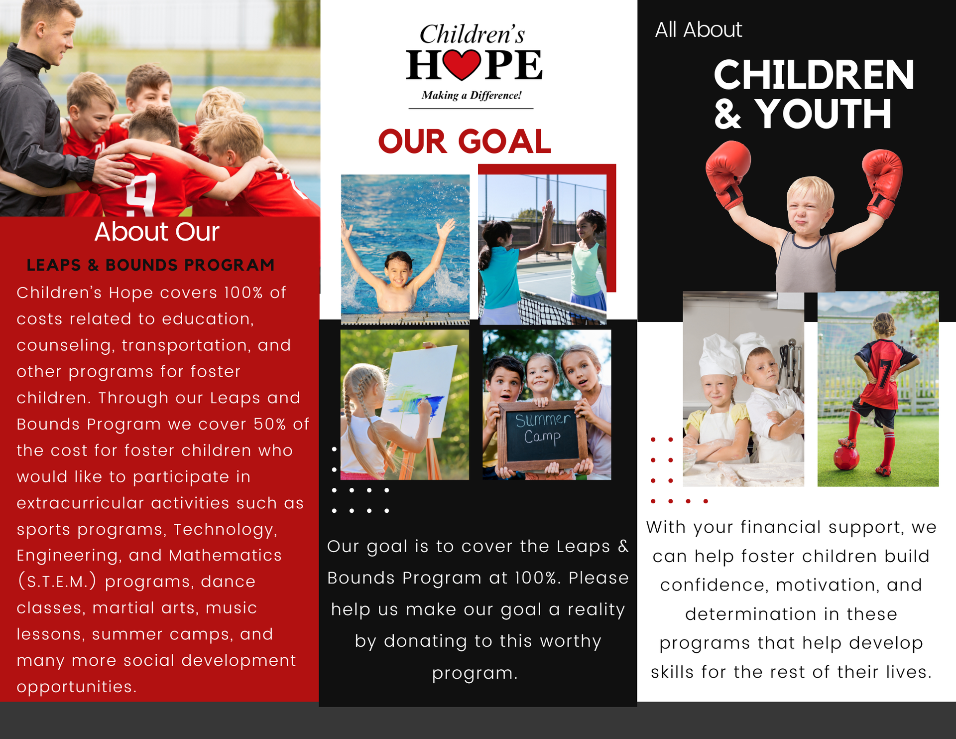 Leaps & Bounds Program brochure with photos of kids playing and contact information 