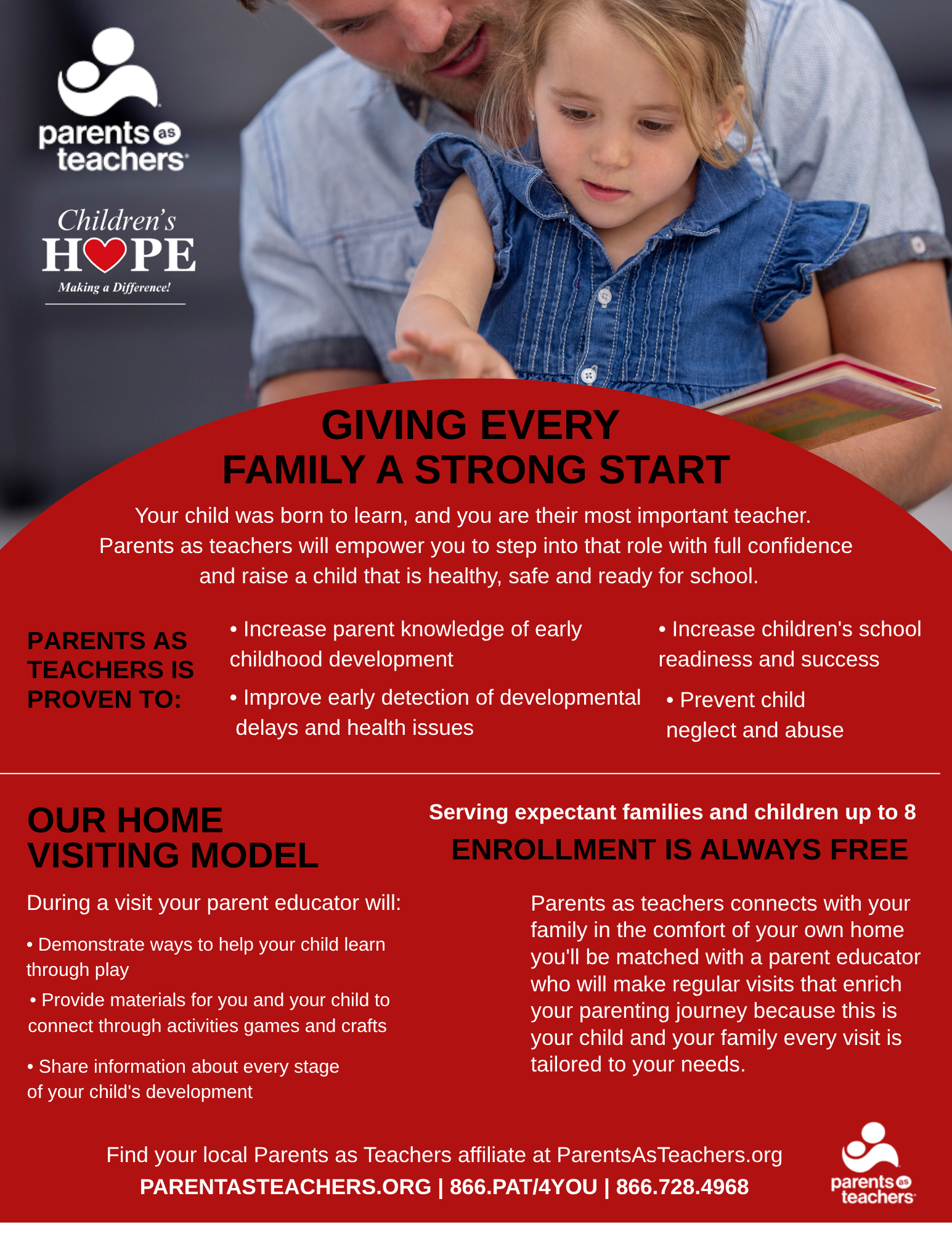 Flyer with child reading, Parents as Teachers logo, and red panels about home visiting and free enrollment