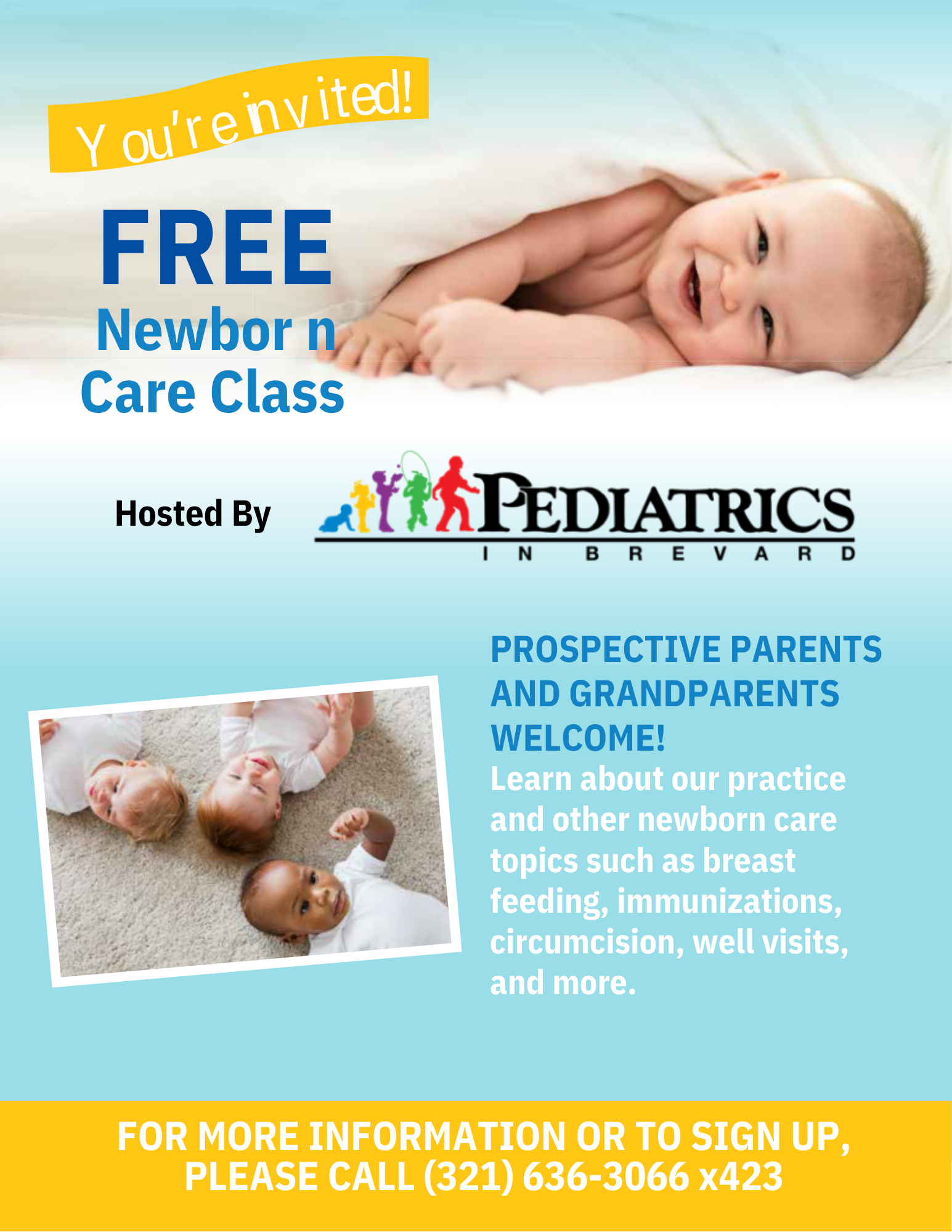 An advertisement for a free newborn care class