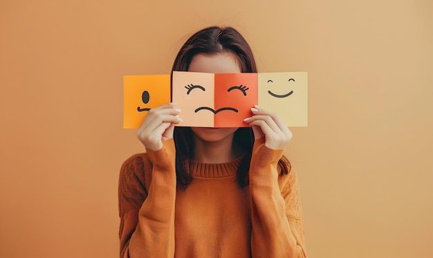 Woman holding cards depicting varying emotions in front of face against an orange background.