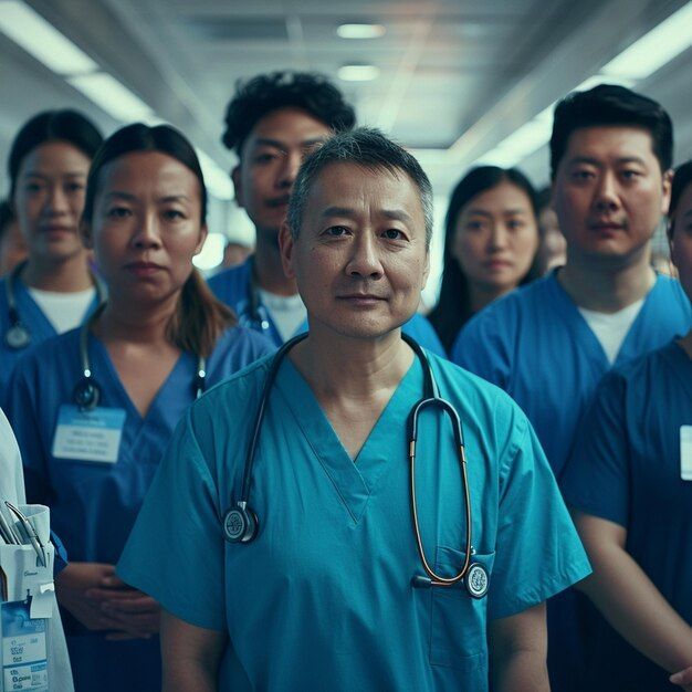 Doctors and nurses in blue scrubs stand in a hospital hallway, looking toward the camera.