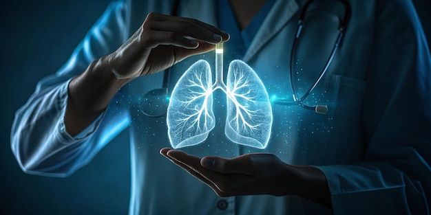 Doctor holding glowing lungs, symbolizing health and medical care.